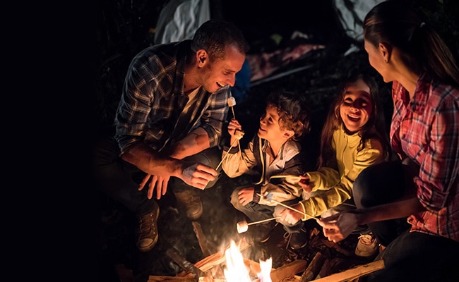 Rodina s otcem, matkou a dvěma dětmi u krbu během večera opéká marshmallows