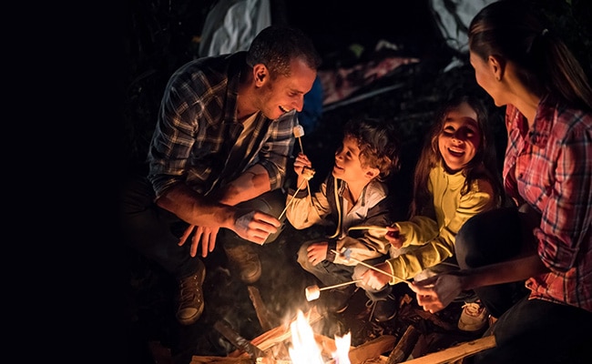 Rodina s otcem, matkou a dvěma dětmi u krbu během večera opéká marshmallows